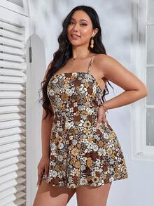 SHEIN VCAY 大码女式印花露背系带连体裤 - 彩色 - 查看 2