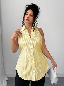 Elenzga Áo kiểu nữ cỡ lớn mùa xuân/hè thanh lịch, kẻ sọc, dáng chữ A, không tay, cạp chun, vạt cong, mở phía trước, thắt eo. - Màu vàng - Xem 6