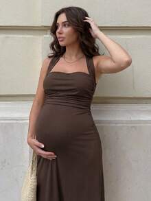 MaterniWear 优雅纯色无袖孕妇连衣裙，适合夏季穿着 - 摩卡棕 - 查看 4