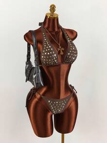 Amplova Bộ đồ bơi gợi cảm dành cho nữ, đính sequin và đinh tán, kiểu cổ yếm buộc dây, thiết kế buộc dây bên hông, thích hợp cho bãi biển, kỳ nghỉ, lễ hội âm nhạc. - màu nâu - Xem 4