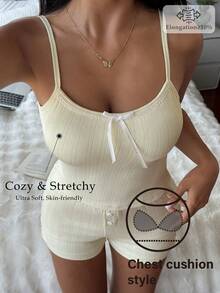 Livesso Bộ đồ ngủ nữ gồm áo hai dây và quần short dệt kim jacquard mềm mại, có đệm ngực tích hợp, thích hợp cho mùa hè. - Màu vàng - Xem 4