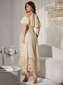 Modelyn Sweet & Youthful Yellow Elegant Ruffle Off-Shoulder Embroidered Patchwork Mid-Length Dress For Women - Apricot - View 6