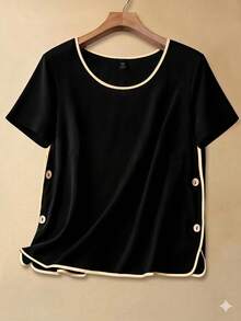 SHEIN LUNE Plus Size Women Casual Color Block Trim Short Sleeve Shirt - Black - View 1