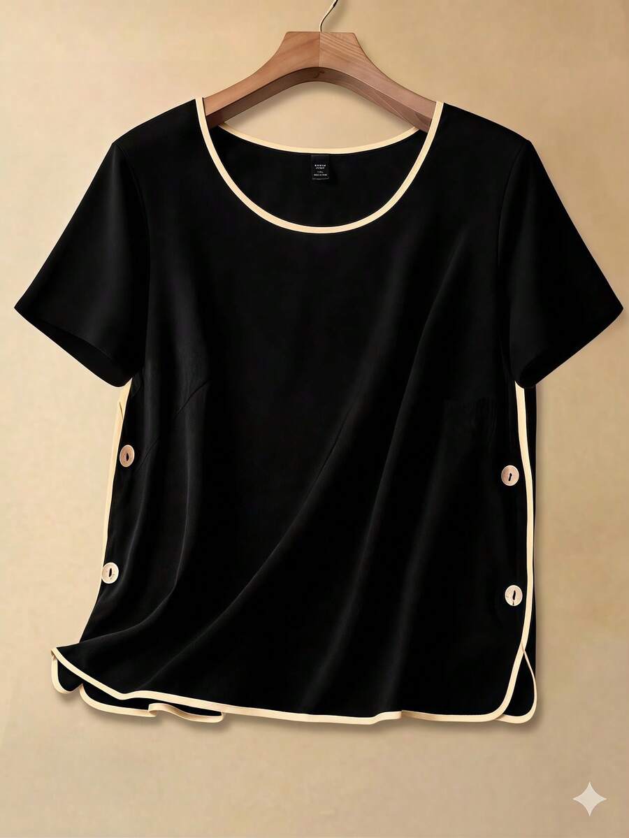 SHEIN LUNE Plus Size Women Casual Color Block Trim Short Sleeve Shirt - Black - View 1
