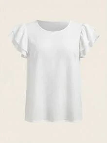 SHEIN LUNE 女士纯色圆领荷叶边短袖休闲衬衫 - 白色 - 查看 6