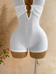 Soleia 女士白色纹理针织露背连体裤，饰有圆形圆环，优雅性感，适合万圣节、圣诞节、度假等场合。 - 米色 - 查看 6