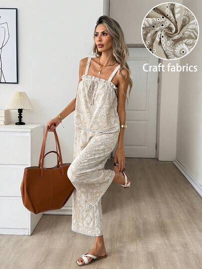 Easowa Bộ 2 món gồm áo hai dây cổ bèo thắt nơ và quần lửng ống rộng cạp chun, chất liệu vải jacquard thêu họa tiết, phong cách thường ngày thoải mái, thanh lịch, thích hợp cho nữ đi làm, đi nghỉ dưỡng, mùa xuân/hè.