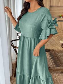 EMERY ROSE Plus Size Women's Solid Color Round Neck Ruffle Hem Bow Decor Short Sleeve Elegant Dress - Mint Green - View 3