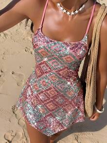 Firerie Women's Backless Sequin Geometric Print Bodycon Dress Mini Pink Green Party Vacation Wedding Guest Women,Summer Dresses For - Multicolor - View 4