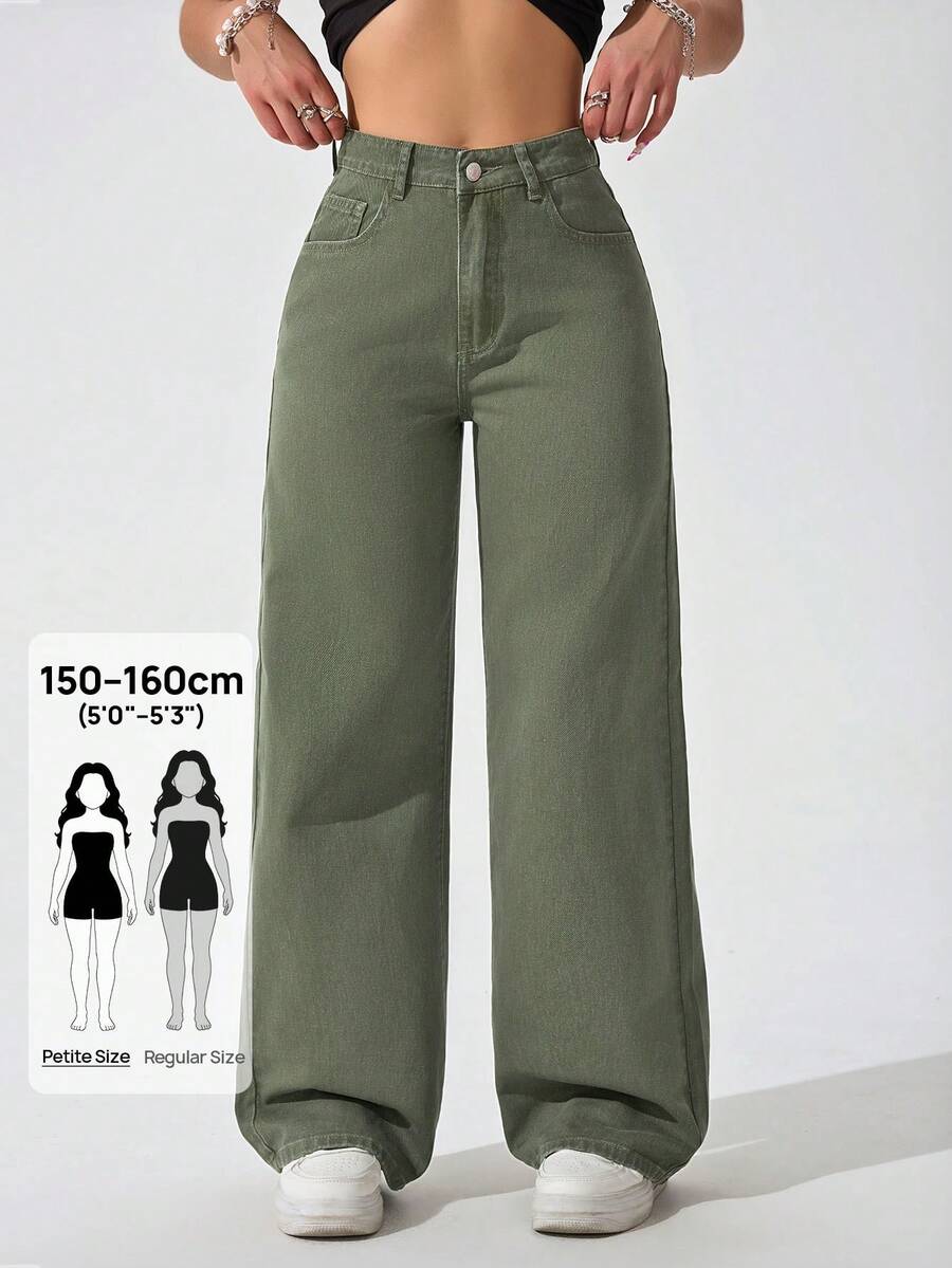 Jeanoix Petite Jeans de pierna recta para mujer Y2K - Verde militar - Ver 1