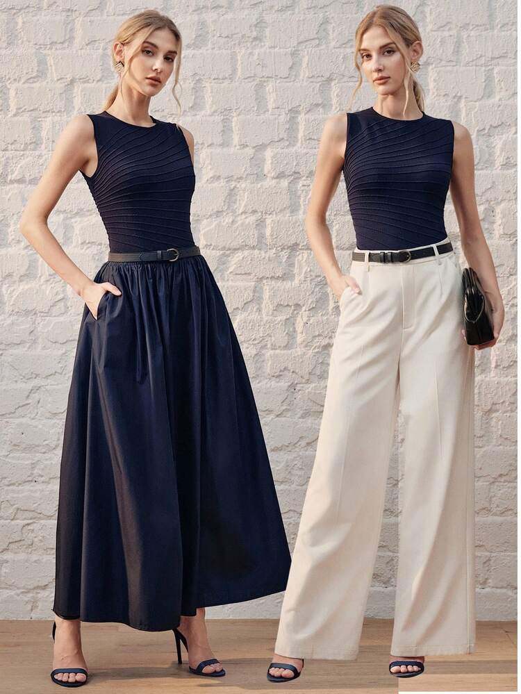 Elegant Solid Color Heavyweight Knit Sleeveless Ribbed Sweater Top, Suitable For Early Spring, Autumn, Winter, Casual, Formal, Party, Fashionable