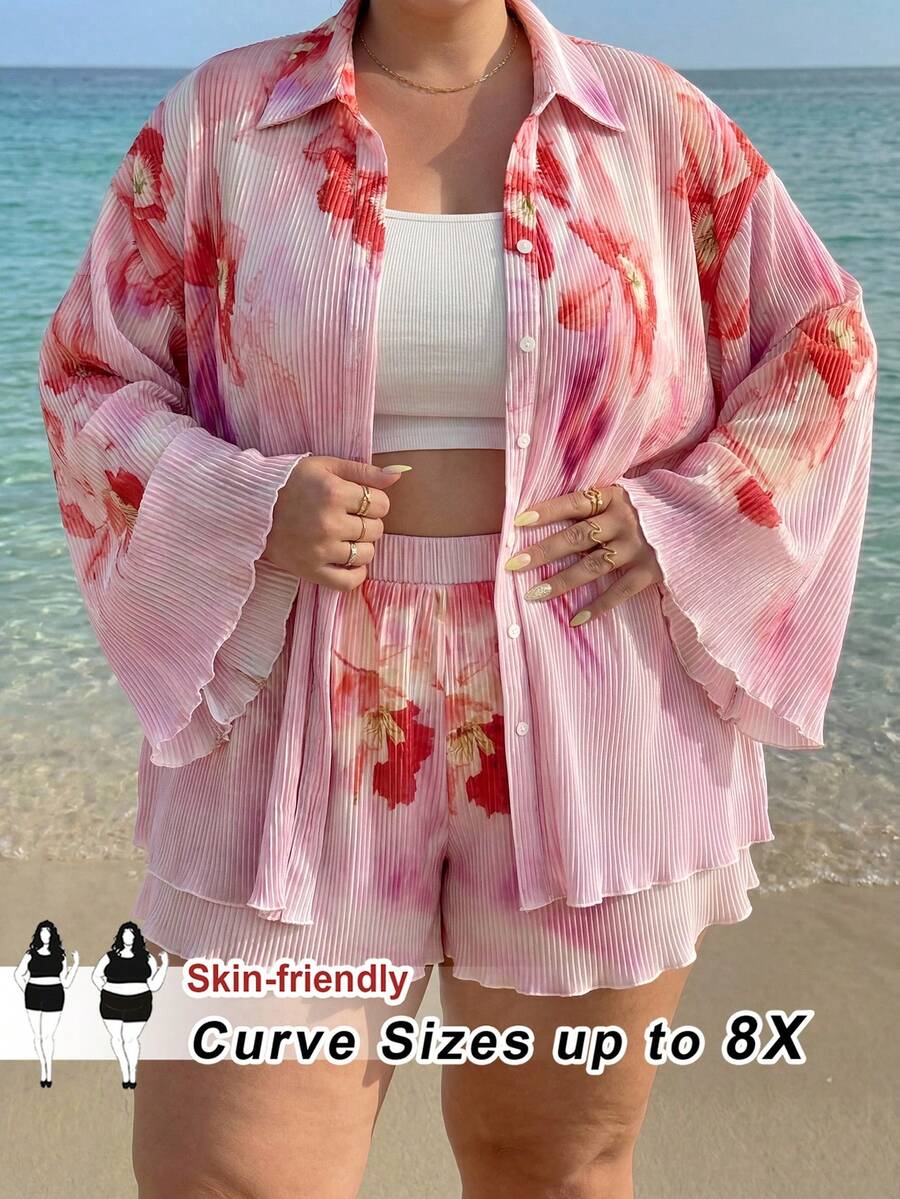 SHEIN CURVE+ Casual Plus Size Collared Wrist-Length Sleeve Tie Dye Blouse And Short Set For Summer Vacation Beachwear