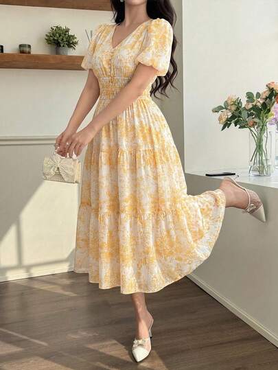 Feyla Butter Yellow Floral Print Smocked Waist Midi Dress, V-Neck Puff Sleeve Tiered For Women,Women's Petal Summer Allover Ruffle Hem Mid-Length