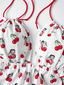 Betty Boop x SHEIN Women's Asymmetric Ruffle Hem Halter Neck Top, - White - View 6