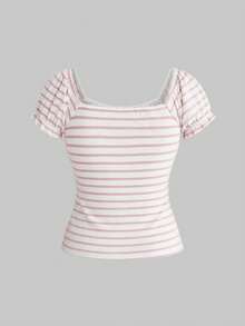 ROMWE Kawaii Áo croptop nữ dễ thương, ngọt ngào, gợi cảm, hở lưng, kẻ sọc, thiết kế nơ. - Hồng - Xem 2