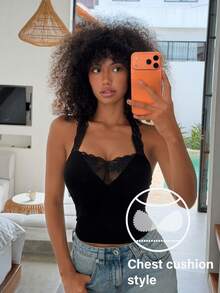 Livesso Sexy Sheer Lace Patchwork Strapless Camisole Top With Built-In Padded Bra For Women Summer - Black - View 4