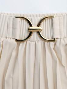 SHEIN Franclia Quần ống rộng xếp ly với cạp kim loại kiểu cổ điển, trang phục mùa hè cho nữ. - Màu be - Xem 3