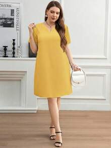 SHEIN Clasi 大码女式V领短袖休闲连衣裙 - 黃色 - 查看 4