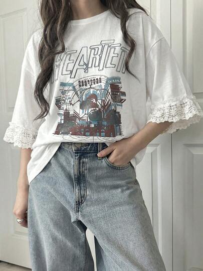 FRIFUL 女士休闲宽松字母印花蕾丝拼接短袖T恤，透气棉混纺面料，适合春夏穿着