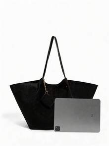 SHEIN Maija 女士手提包、单肩包、流浪包、麂皮绒包、棕色、时尚、优雅、简约、个性化、百搭、经典、复古、怀旧，适合通勤、办公、约会、日常、购物、下午茶等场合，可作包饰（可放置耳机） - 黑色 - 查看 6