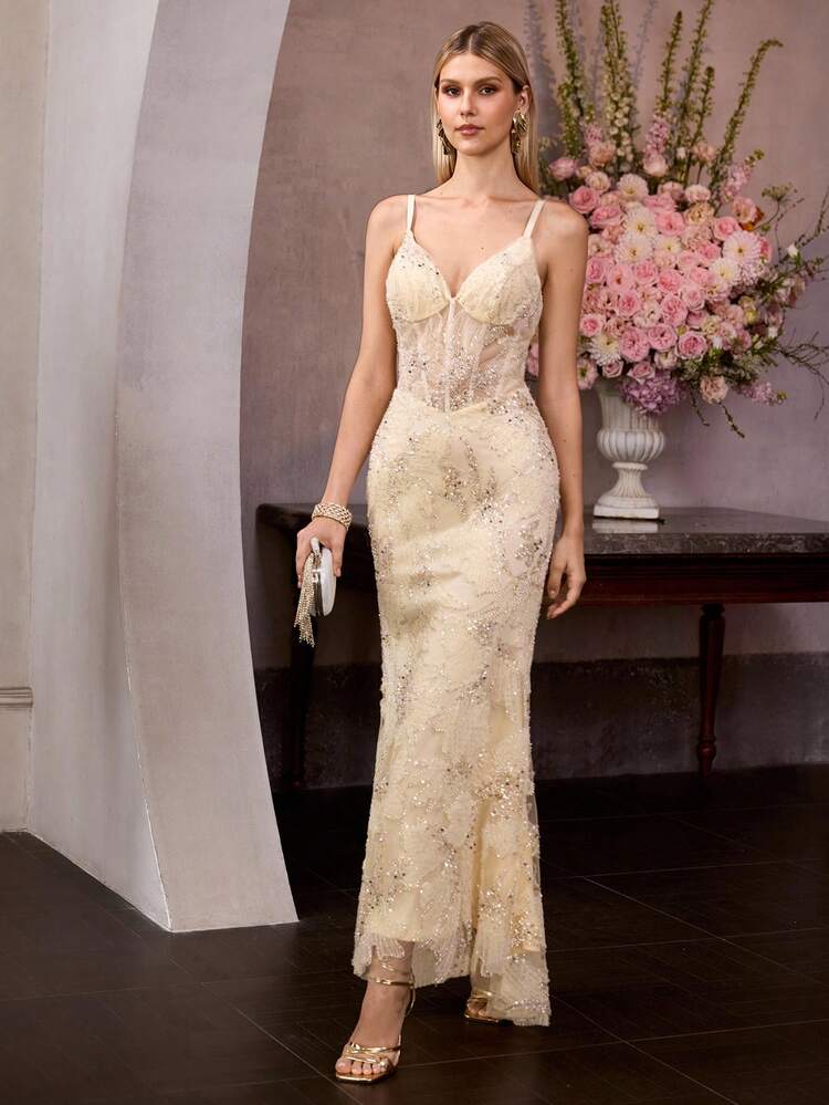 WOMEN'S MESH SEQUINS BEADED EMBROIDERED SLIP MERMAID COCKTAIL DRESS, FORMAL OCCASION
