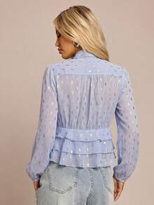 Glamine Chemise décontractée de style français pour femmes avec motif de feuilles dorées métalliques, ruban amovible, ourlet à volants multicouches, convenant à l'automne et à l'hiver - Bleu ciel - Voir 2