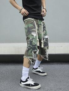 Manfinity EMRG 男士迷彩图案口袋做旧宽松牛仔短裤 - 軍綠色 - 查看 4