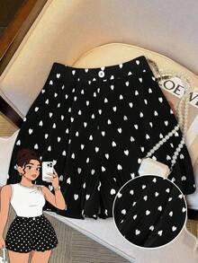 GlowEve CURVE Plus Size Women Elegant Casual Fashionable Versatile Commuting Loose Slimming High-End Heart Print Valentine's Day Exclusive Shorts - Black and White - View 1