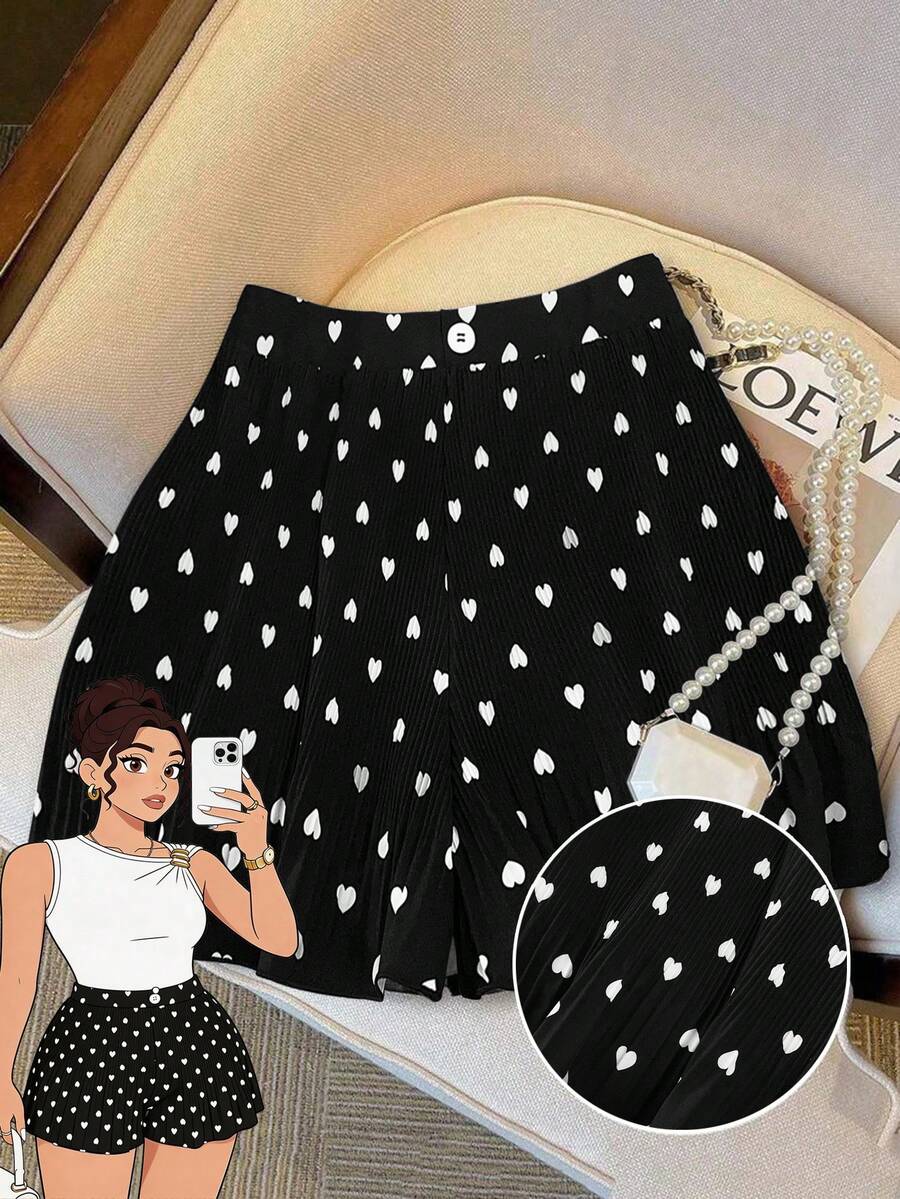 GlowEve CURVE Plus Size Women Elegant Casual Fashionable Versatile Commuting Loose Slimming High-End Heart Print Valentine's Day Exclusive Shorts - Black and White - View 1