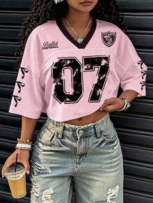 Slaydiva Casual Minimalist 2025 Spring/Summer Women V-Neck Loose Short 5/8 Sleeve Mesh T-Shirt With Numeric 07 & Bow Print, Suitable For Summer, Sports Graphic Tee Suitable For Going Out Chic - Multicolor - View 3