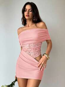 Aloruh Đầm ngắn Lotus Pink gợi cảm và thanh lịch, hở vai, khoét eo, phối ren xuyên thấu cho nữ. - Bụi hồng - Xem 5