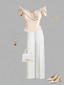 Endroma Áo croptop nữ kiểu Pháp thanh lịch màu xanh dương với thiết kế xếp ly, thắt eo, tôn dáng, thời trang, cao cấp, tinh tế, thích hợp cho mùa hè. - Màu be - Xem 5