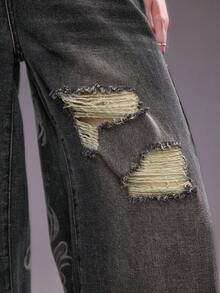 ROMWE Grunge Punk Punk Street Vintage Washed Cross Print Low Waist Oversized Fit Jeans - Multicolor - View 7
