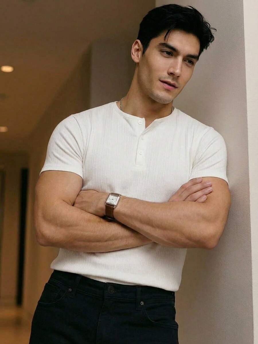 DAZY Áo thun nam cổ tròn màu trắng trơn, dáng ôm, thích hợp cho mùa hè. - trắng - Xem 1