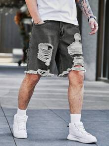 Manfinity Homme Plus Size Men's Casual Distressed Pocket Button Denim Shorts, Versatile For Daily Wear - Light Grey - View 4
