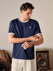 VeloEdit Navy Blue Color Men's Contrast Color Short Sleeve T-Shirt, Suitable For Home, Outing, Office Wear Navy Men's T Shirt Navy Blue Top Men Men Casual Top Old Money - Royal Blue - View 7