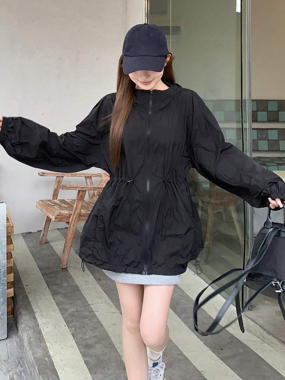 Women's Casual Drawstring Hooded Lightweight Jacket, Loose Fit, Suitable For Summer, Autumn And Spring, Fashionable Street Style Outerwear