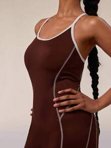Normani Women's Brown Halter Jumpsuit, Color-Blocked Outerwear, Peach-Shaped Hip-Hugging One-Piece Yoga Sports Bodysuit,Gym Outfit - Mocha Brown - View 6