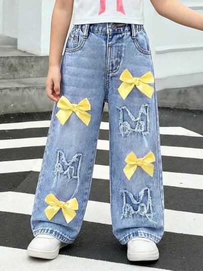 Young Girls Denim Pants Spring Autumn New Sweet Cute Light Blue Washed Denim Loose Wide Leg Pants Hole Decoration Yellow Bow Elastic Waist Comfortable Premium Cotton Denim Daily Basic School Outfit Vacation Cotton Spring Autumn Wear Children's Denim Pants Young Girl Girl Denim Pants