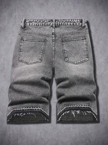 Manfinity EMRG Men's Luxury American Street Style Printed Rhinestone Embellished Cuff Design Washed Loose Fit Gray Denim Capri Shorts - Grey - View 2