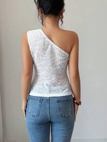 Elenzga Áo nữ xếp ly, lệch vai, có họa tiết - trắng - Xem 2