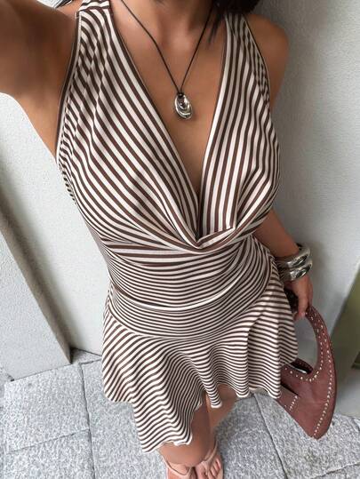 FavEase Vestido mini de mujer para vacaciones de verano, casual, con cuello drapeado, tirantes con lazo y bajo asimétrico a rayas