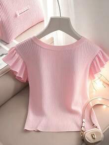 SHEIN Franclia Women's Elegant Ruffle Bow Tie T-Shirt - Pink - View 2