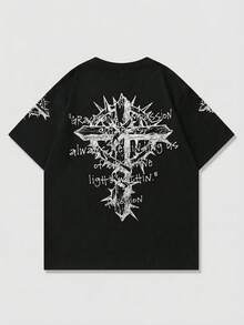 ROMWE MEN Men's Letter & Figure Print Loose Fit Round Neck Short Sleeve T-Shirt - Black - View 3