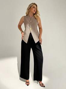 Auralis Plus Size Summer Outfits For Women Office Outfits For Women Work Clothes Women Old Money Style Women Cruise Outfits Women Airport Outfit For Women Funny Shirts Graduation Outfit Business Casual Woman New Commuter Fashion Elegant Solid Color Khaki Metal Buckle Decoration Camisole,Summer Tops,Going Out Tops, - Khaki - View 5