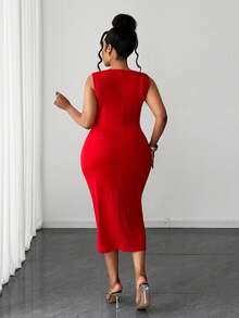 Maweii Plus Size Women's Red Summer Elegant Satin Party Dress,Sleeveless Boat Neck Ruched Waist Metal Button Mid-Length Bodycon Pencil Reception Outfit - Red - View 5