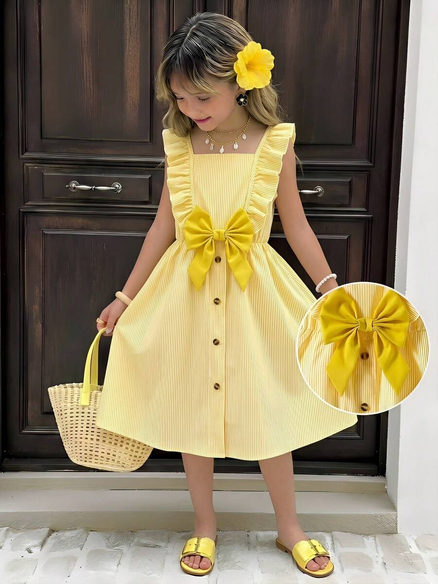Girls' Cute Yellow Striped Dress,Summer Holiday Bow Decoration Ruffle Edge Hem Button Loose Comfortable Soft Design For Tea Party,Daily Wear,School