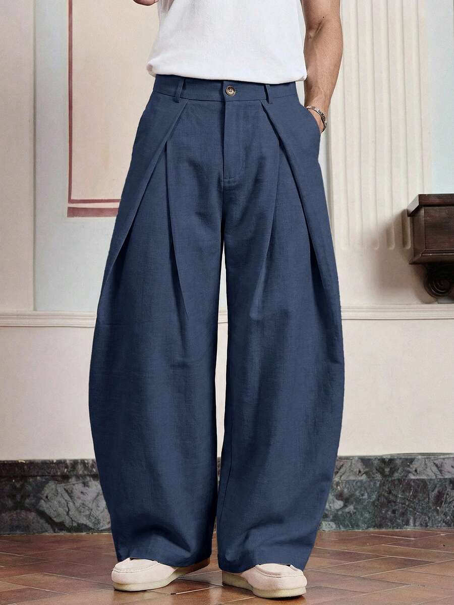 SWAVVY Men's Casual Everyday Commute Minimalist Versatile Solid Color Pleated Loose Wide Leg Pants - Black - View 1
