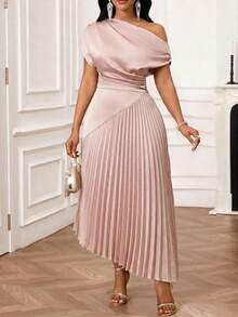 SHEIN Lady 大码印花V领荷叶边短袖度假/约会连衣裙 - 粉色 - 查看 5