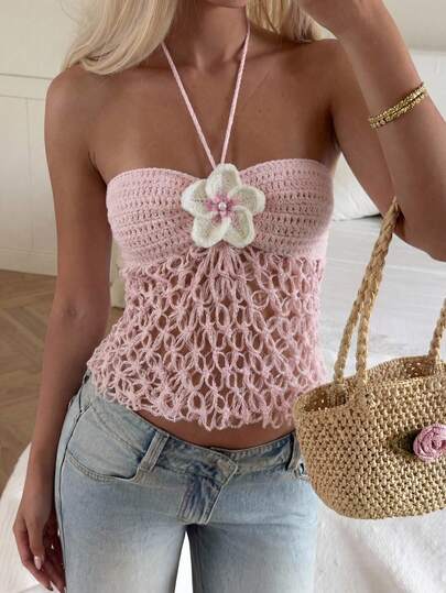 CovetEZ 女士镂空花卉休闲套头针织上衣，日常百搭